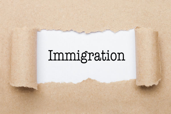 Immigration concept text appearing behind torn brown paper envelope